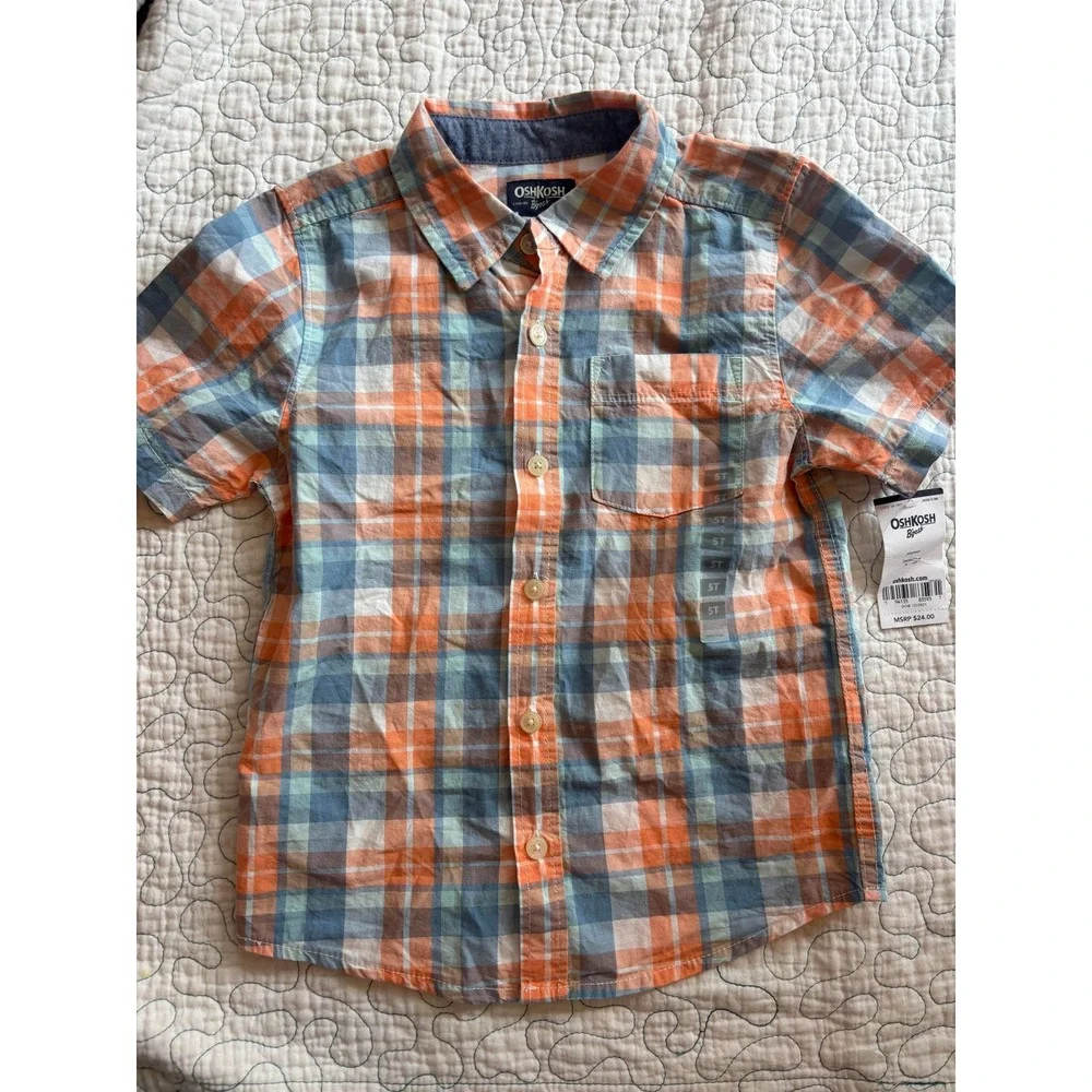 OshKosh Bgosh Boys 5T Plaid Button Down‎ Shirt Orange Blue Short Sleeve